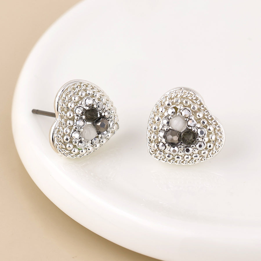 Clara silver plated and grey heart stud earrings