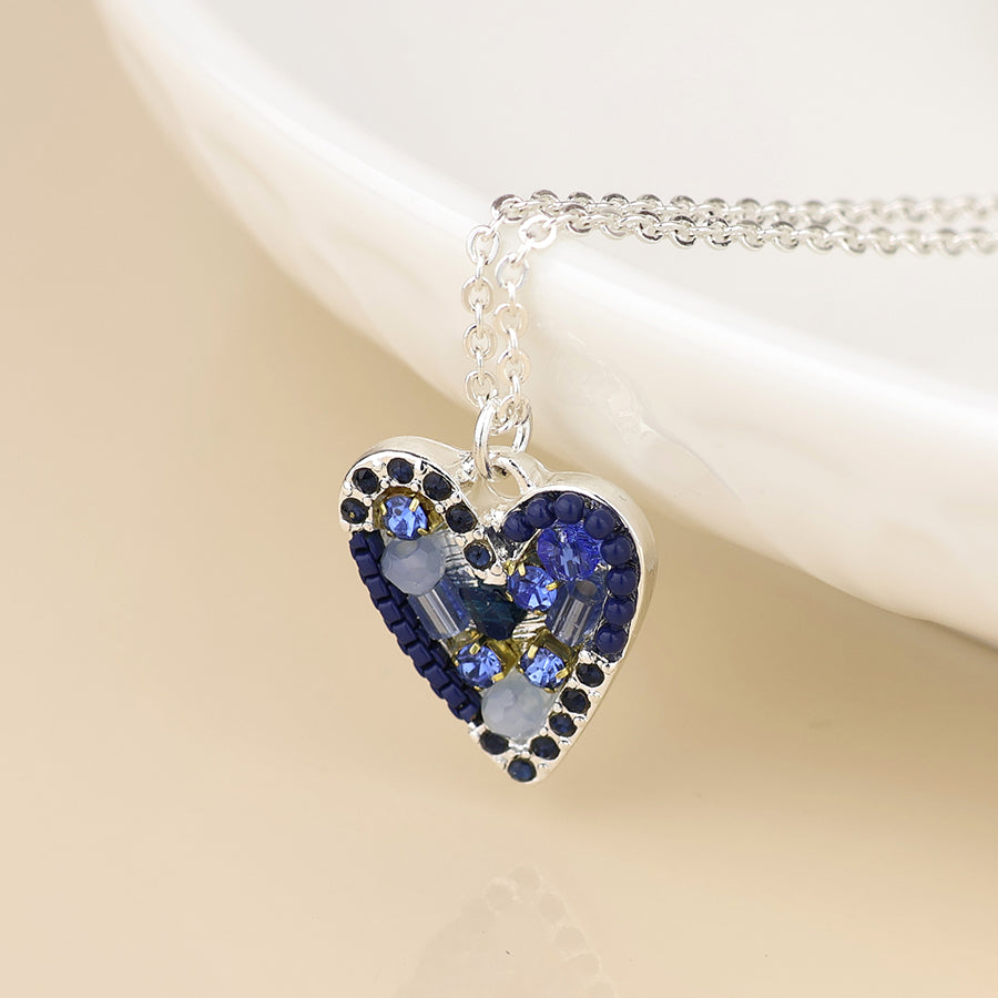 Rebel silver plated blue mosaic crystal heart necklace