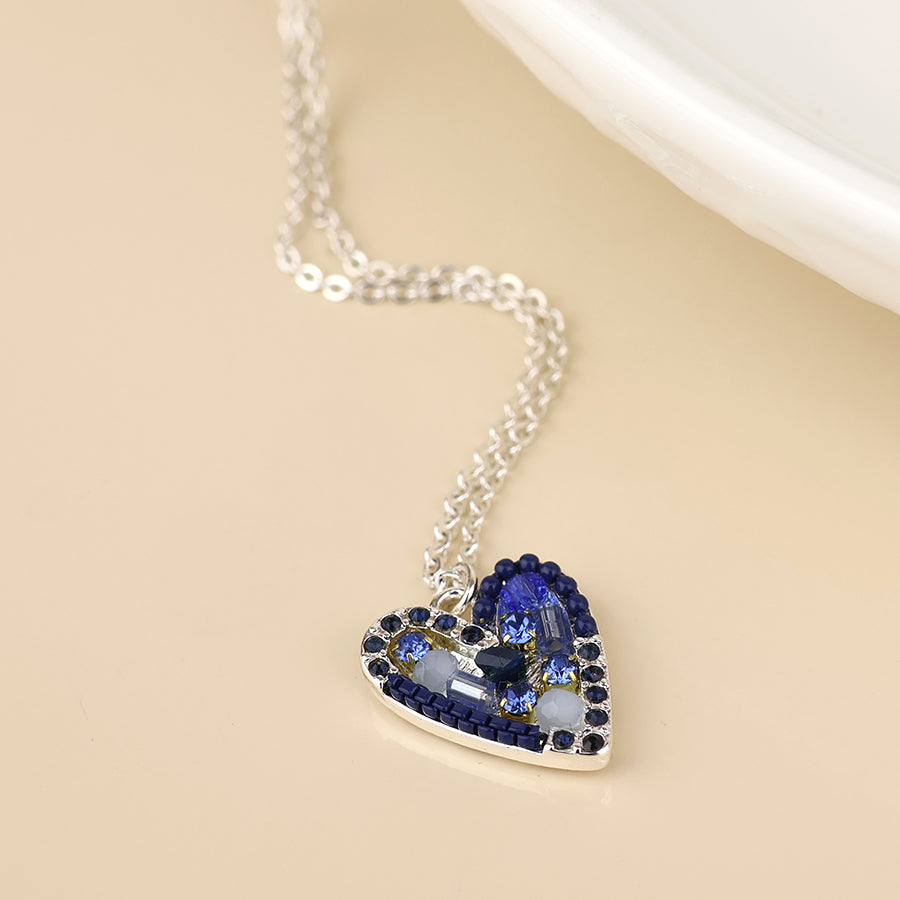 Rebel silver plated blue mosaic crystal heart necklace