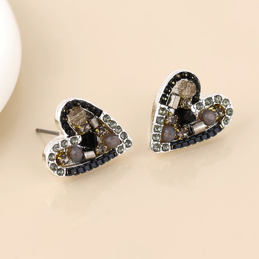 Rebel silver plated black and bronze mosaic crystal heart earrings