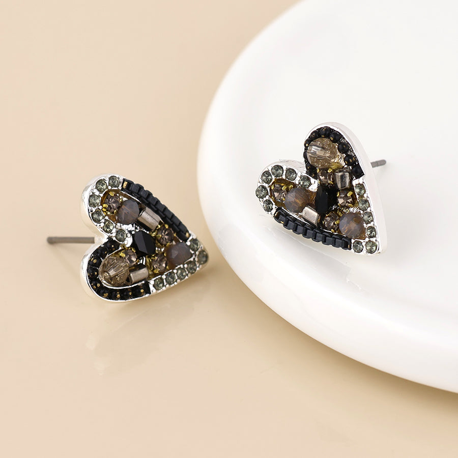 Rebel silver plated black and bronze mosaic crystal heart earrings