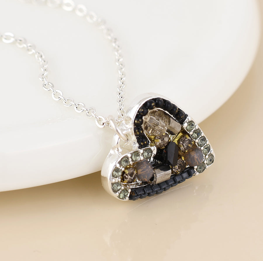 Rebel silver plated black and bronze mosaic crystal heart necklace