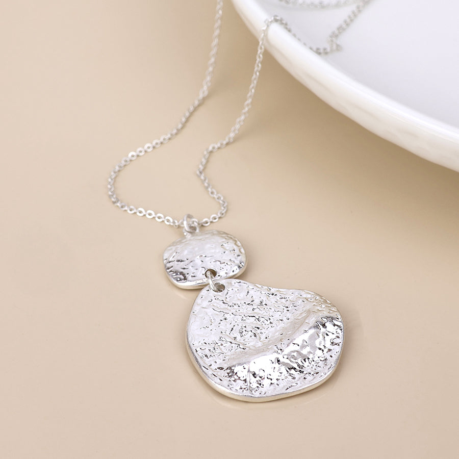 Molten silver plated foil finish molten double drop statement necklace