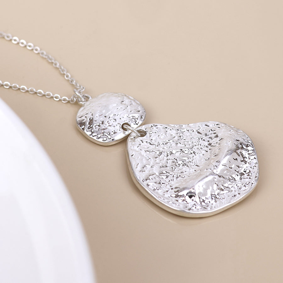 Molten silver plated foil finish molten double drop statement necklace
