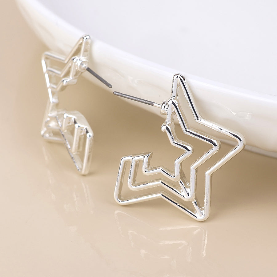 Star gazer silver plated nested stars stud earrings