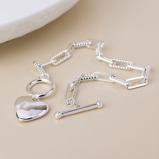 Foundry silver plated heart and t-bar bracelet with twist links