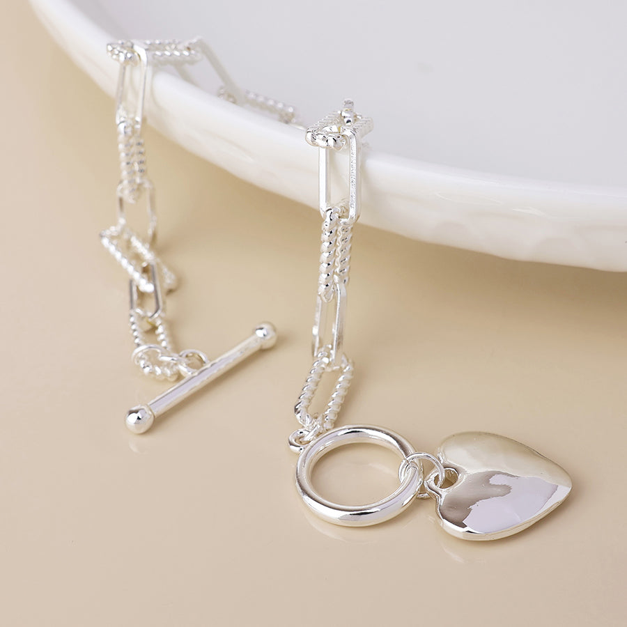 Foundry silver plated heart and t-bar bracelet with twist links