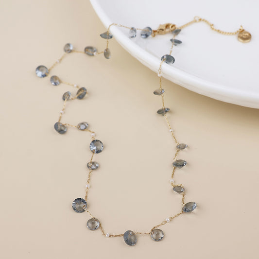 Lyra golden station necklace with smoky crystal drops and pearls