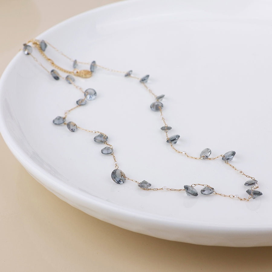 Lyra golden station necklace with smoky crystal drops and pearls