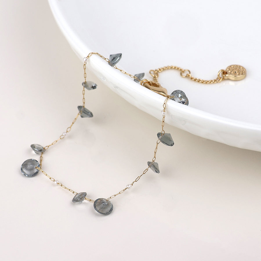Lyra golden station bracelet with smoky crystal drops and pearls