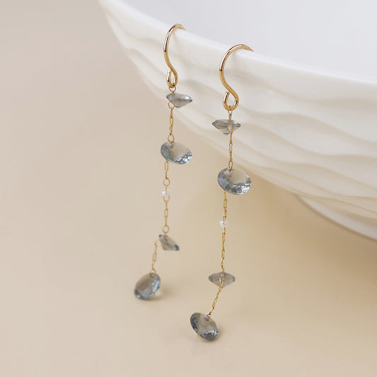 Lyra golden chain earrings with smoky crystal drops and pearls