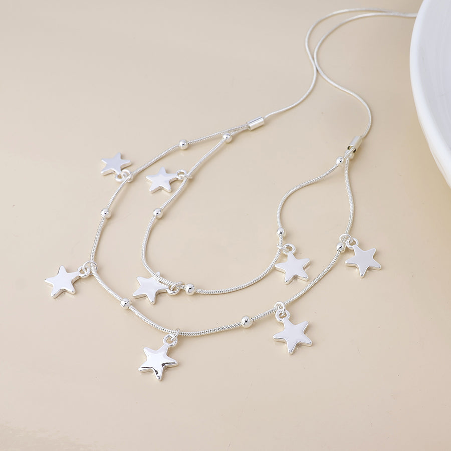 Stardust silver plated double strand star drops necklace