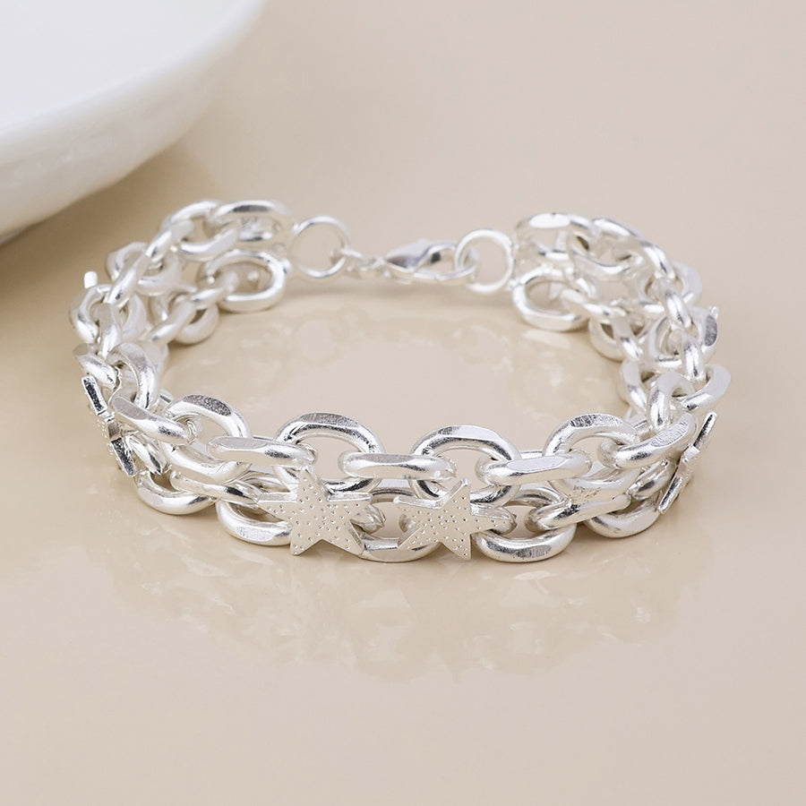 Unity silver plated worn chunky chains and stars bracelet