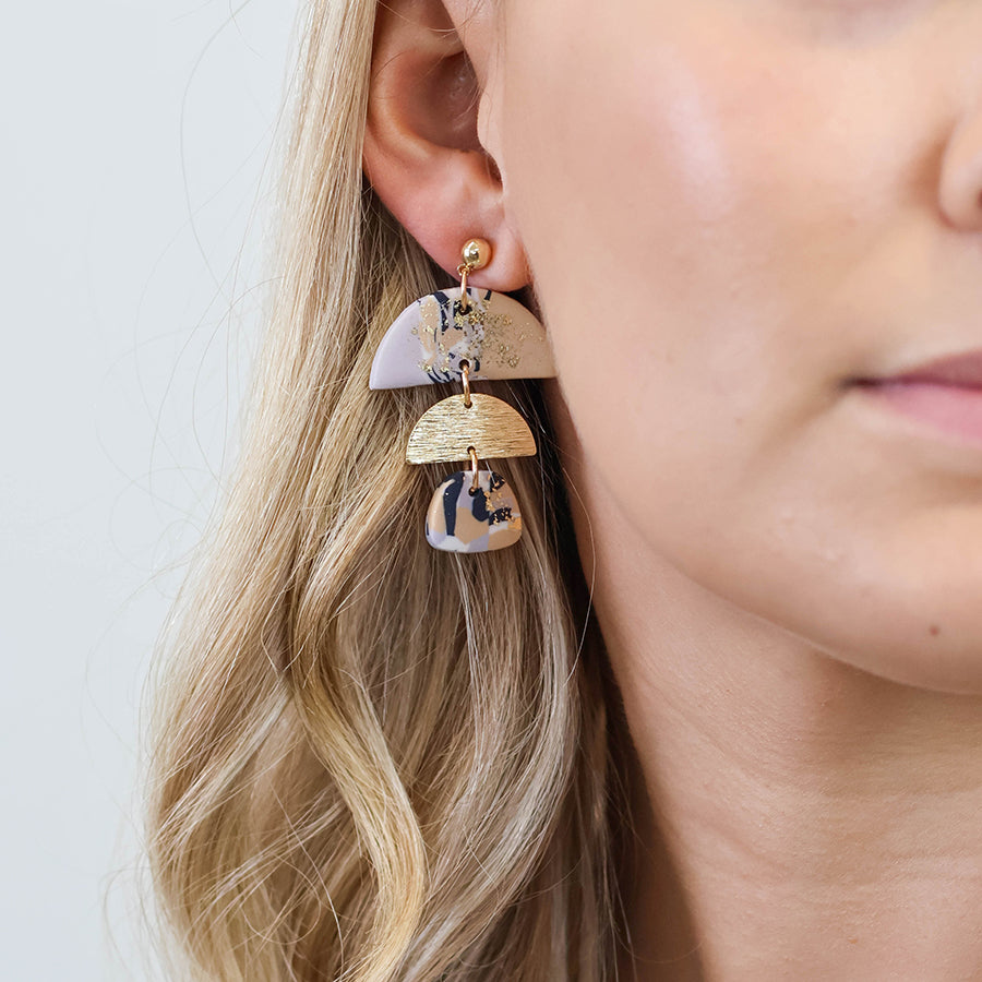 Muse terrazzo polymer and golden triple half moon earrings