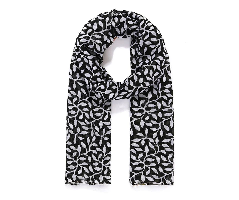 Navy Leaf & Geo Border Scarf Lightweight Scarf. Available at Sweet P, Burnside, Glasgow