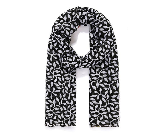 Navy Leaf & Geo Border Scarf Lightweight Scarf. Available at Sweet P, Burnside, Glasgow