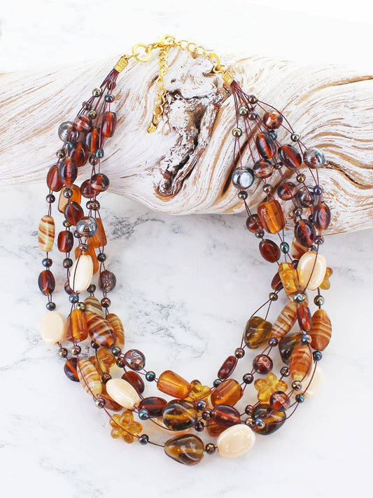 Suzie Blue Mixed Glass Bead Cluster Necklace – Earth Tones