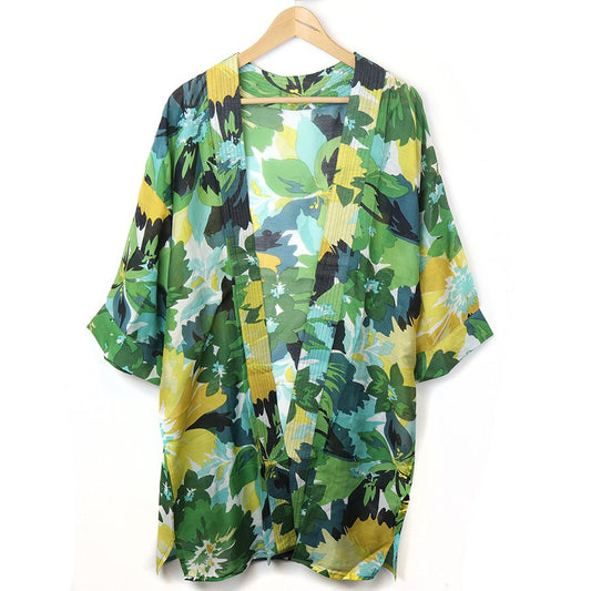 Green Mix Abstract Floral Print Long Kimono - Peace of Mind (POM). Available at Sweet P, Burnside, Glasgow