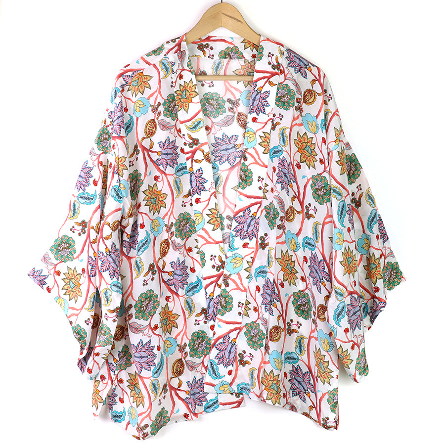 White mix paisley flower print kimono