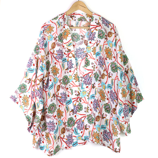 White mix paisley flower print kimono