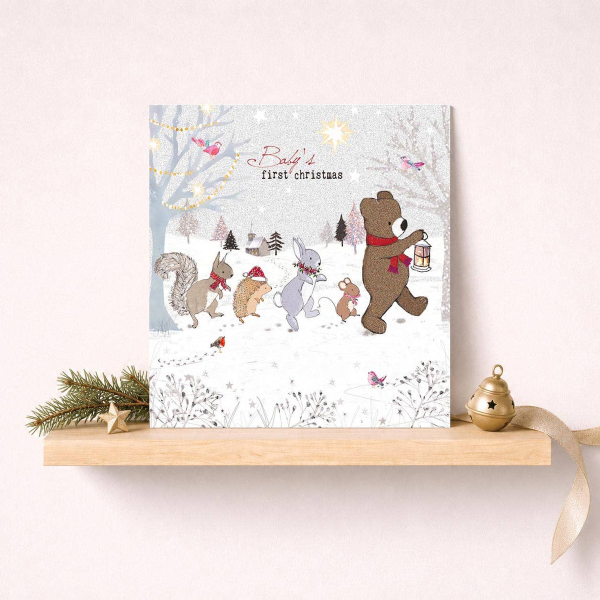 Baby's First Christmas Card - Lantern Bear & Animals