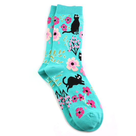 Turquoise mix quirky cat and floral ankle socks