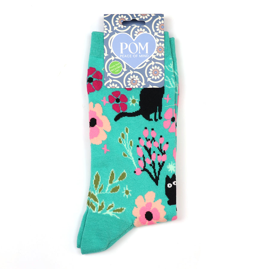 Turquoise mix quirky cat and floral ankle socks