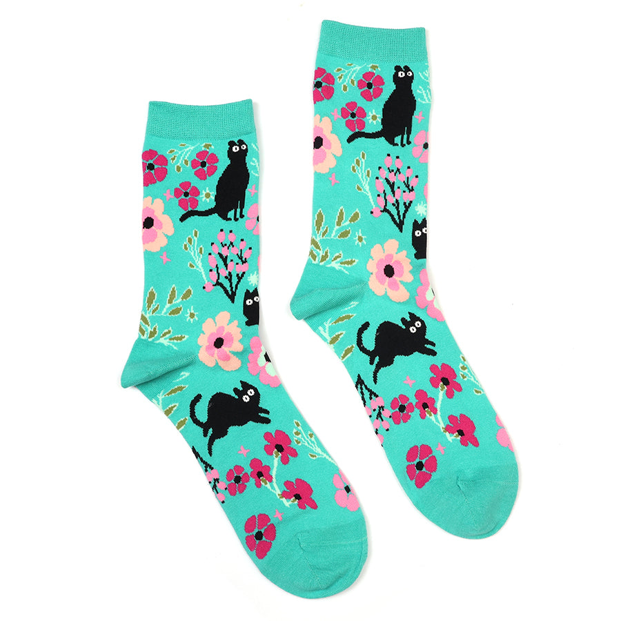 Turquoise mix quirky cat and floral ankle socks