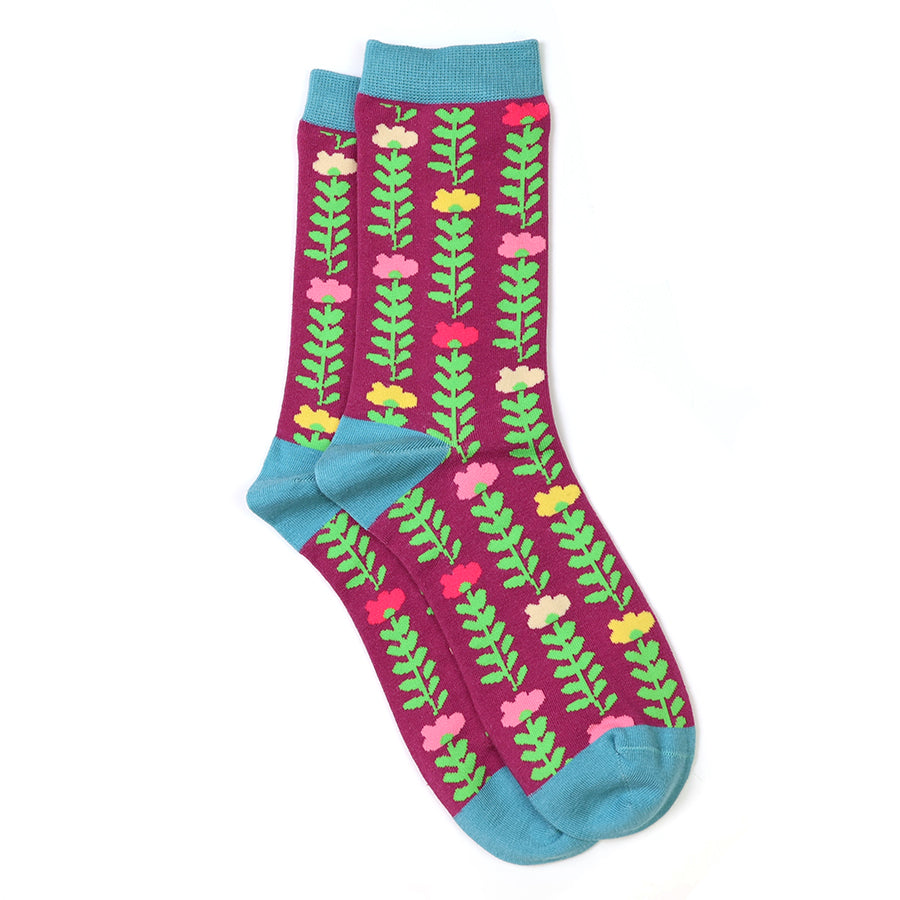 Fuchsia mix floral vines ankle socks