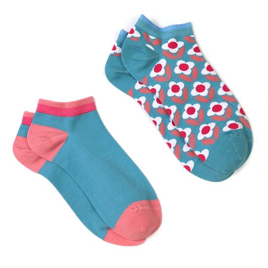 Turquoise and pink mix retro flower trainer socks duo