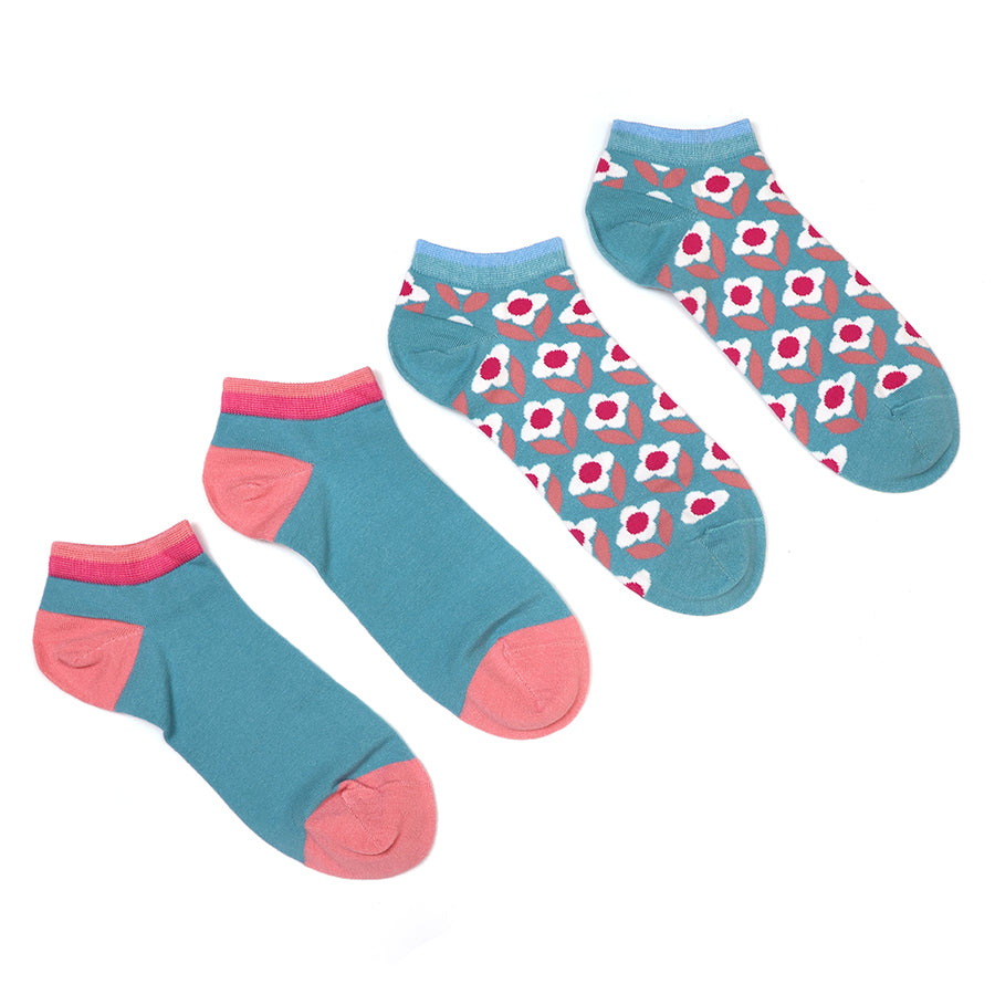 Turquoise and pink mix retro flower trainer socks duo