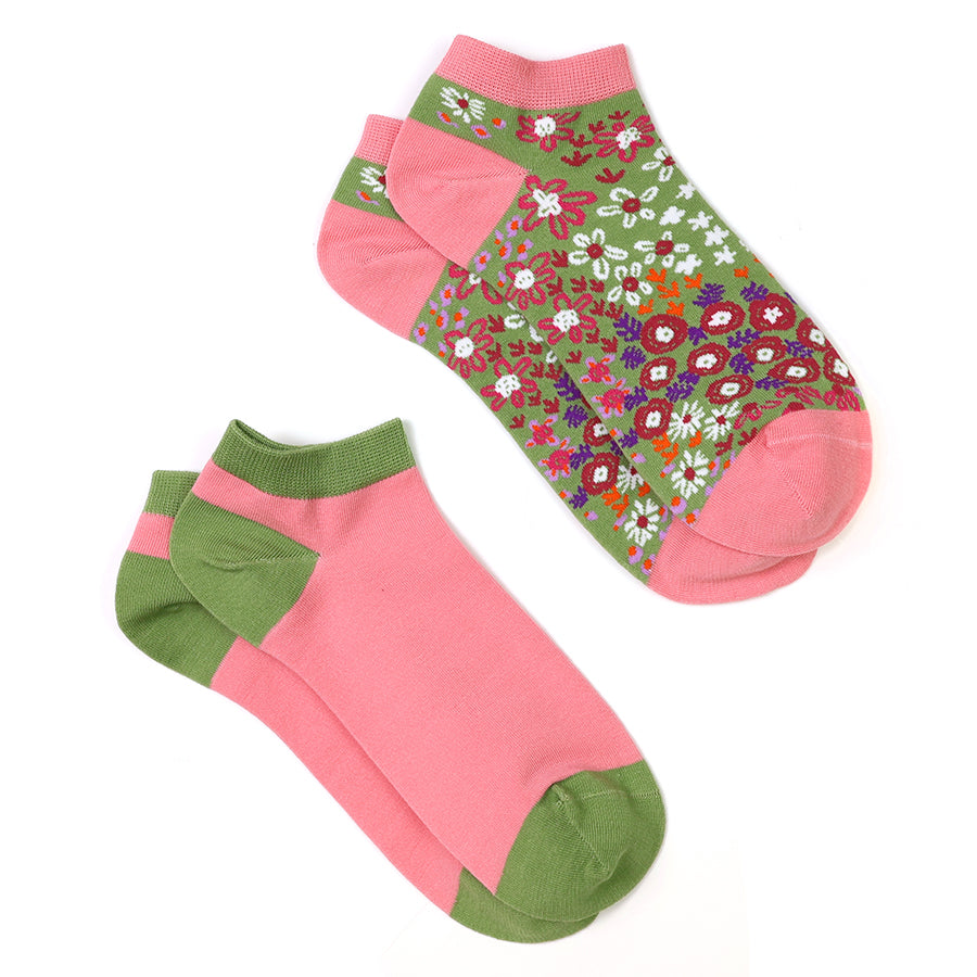 Coral and olive mix blossoms trainer socks duo