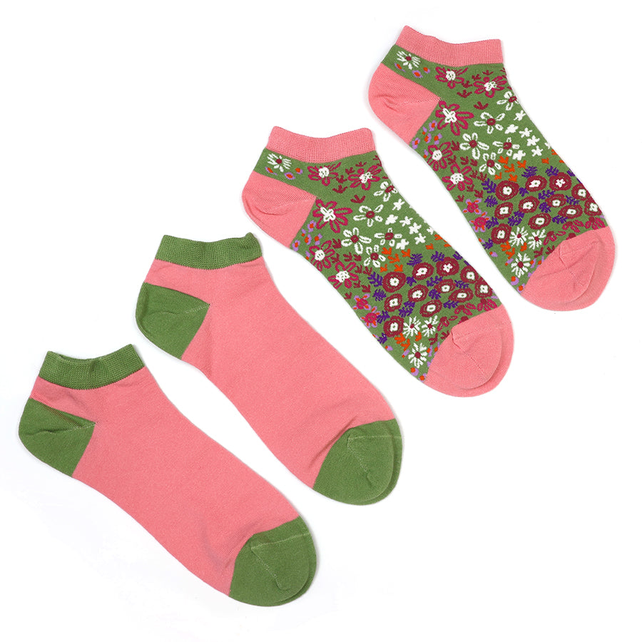 Coral and olive mix blossoms trainer socks duo