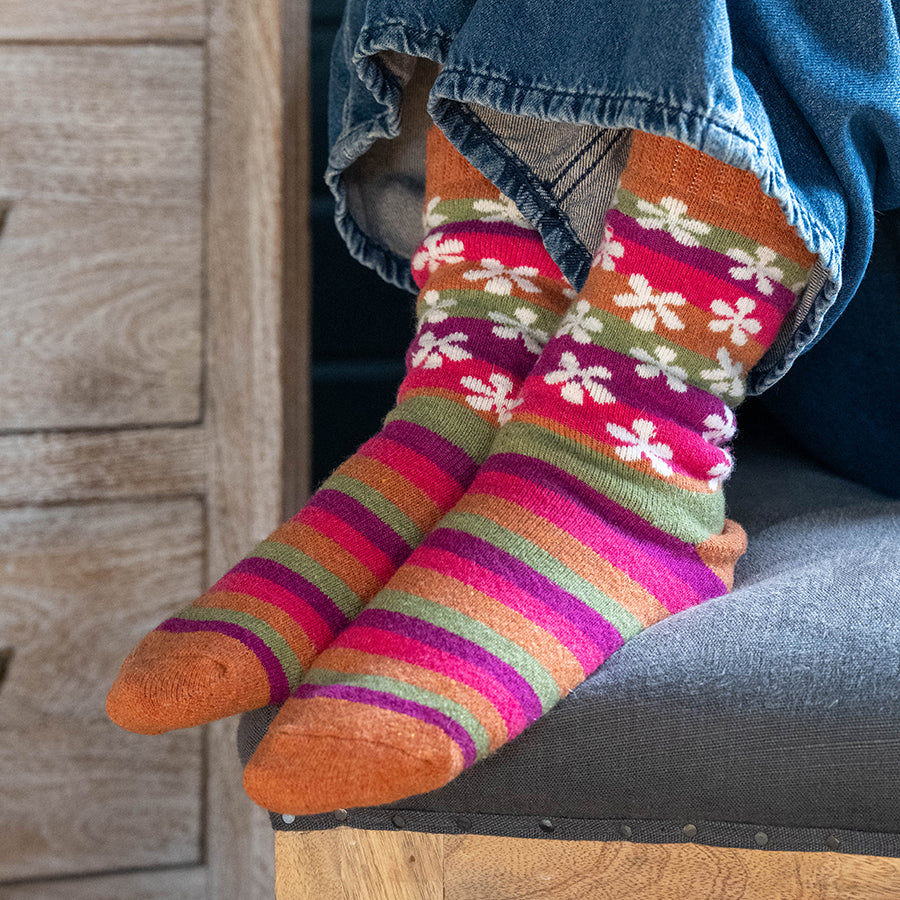 Orange multi mix stripe and flowers socks