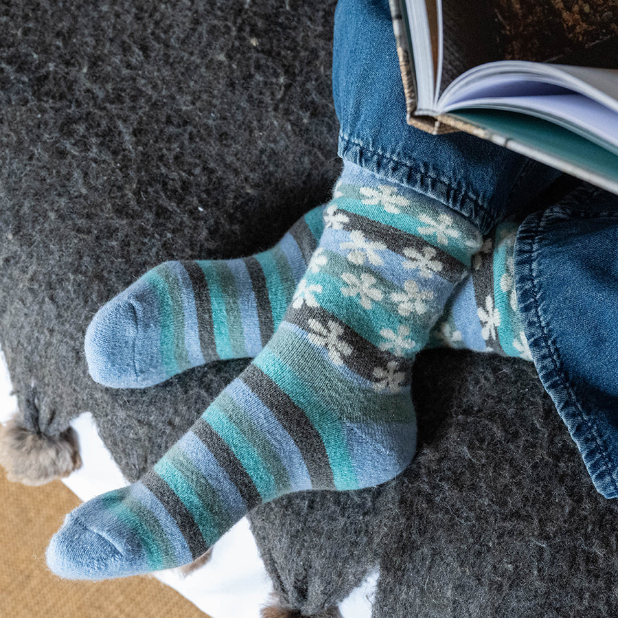 Pale blue, aqua mix stripe and flowers socks