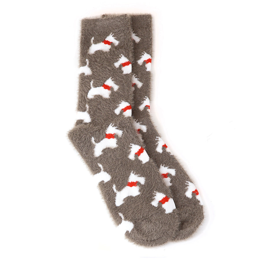 Dusky brown fluffy scotty dog socks