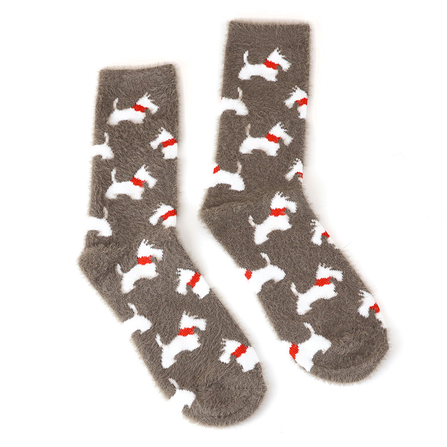 Dusky brown fluffy scotty dog socks