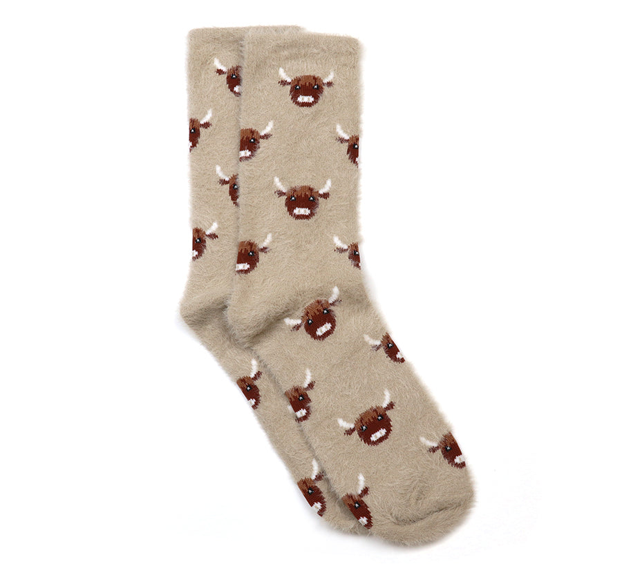 Warm taupe fluffy highland cow socks