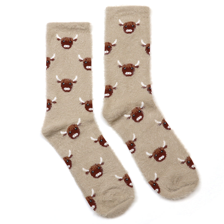 Warm taupe fluffy highland cow socks