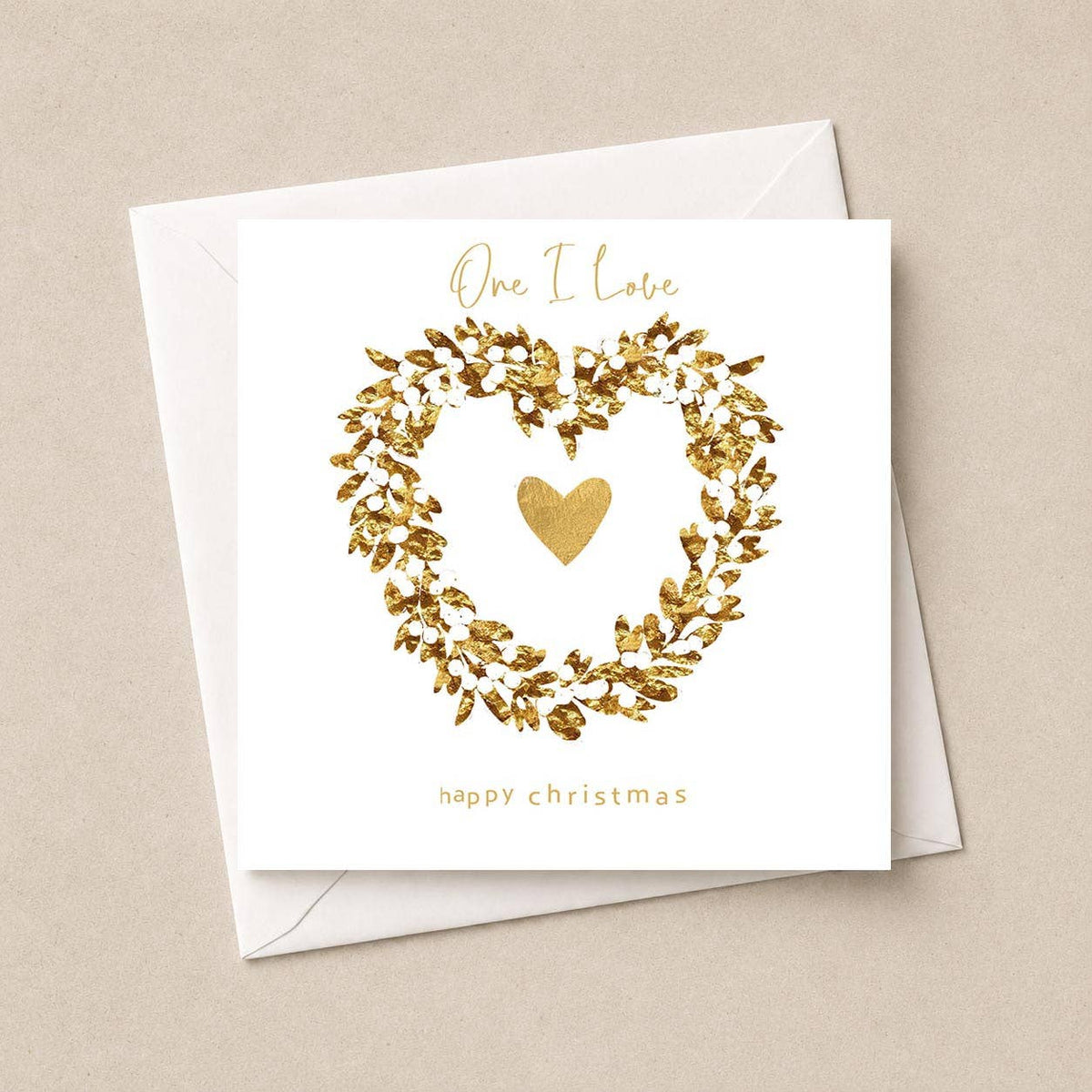 One I Love Christmas Card - Gold Heart Wreath With Mistletoe