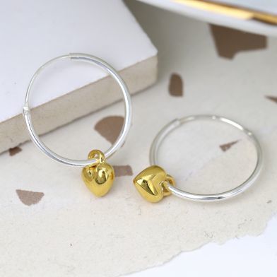 POM Sterling Silver Hoop Earring with Gold Puffed Hearts