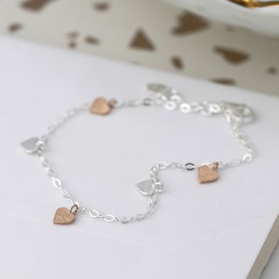 POM Sterling Silver Chain Bracelet with Rose Gold & Silver Hearts