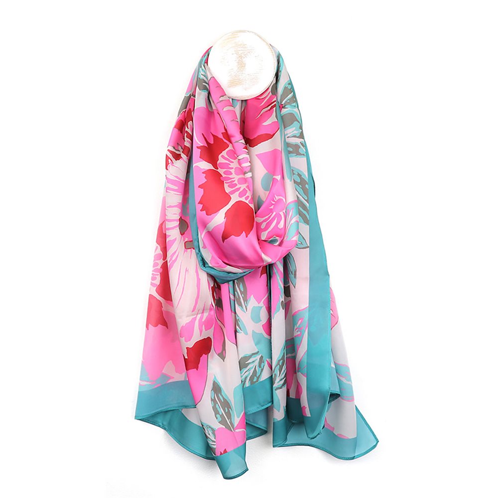 Peace Of Mind (POM) Tropical Flower Print Lightweight Silk Feel Scarf. Available at Sweet P, Burnside, Glasgow