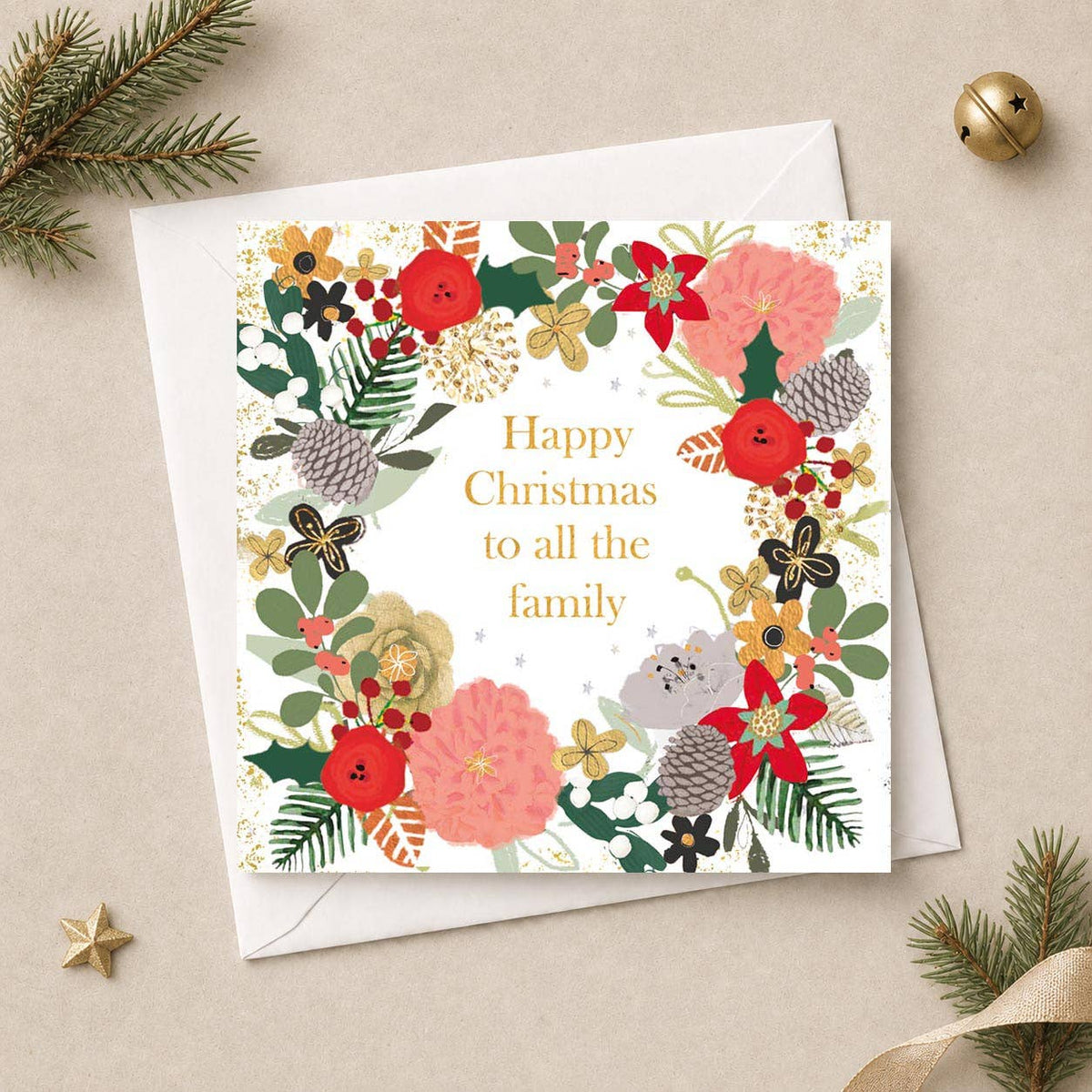 All The Family Christmas Card - Floral Pinecone Wreath