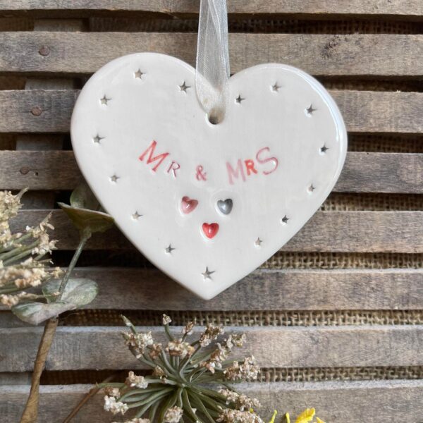 Handmade Hanging Ceramic Heart with Thoughtful Message - Mr & Mrs Wedding