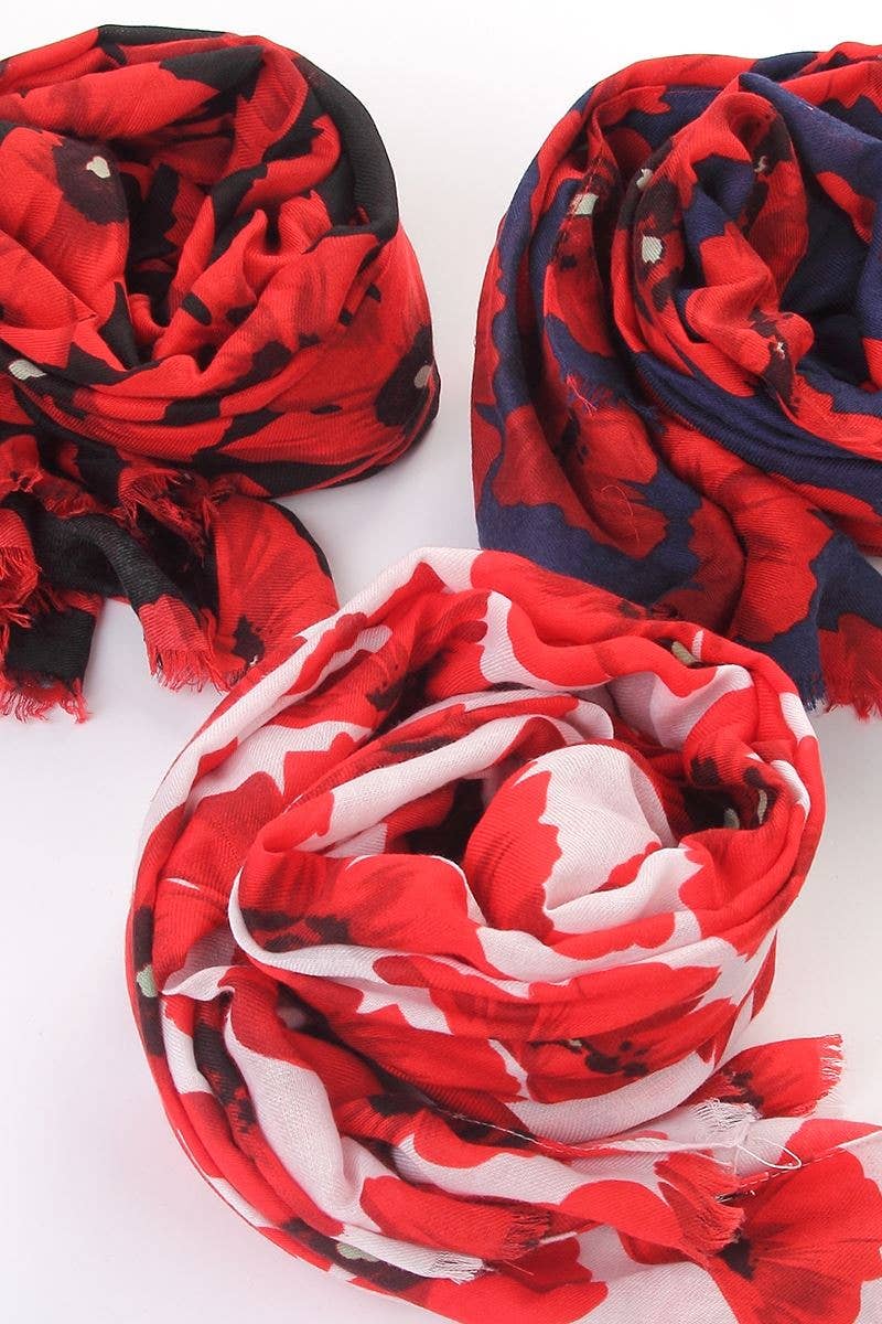 Bold Red Poppy Print Frayed Scarf - 2 colour options