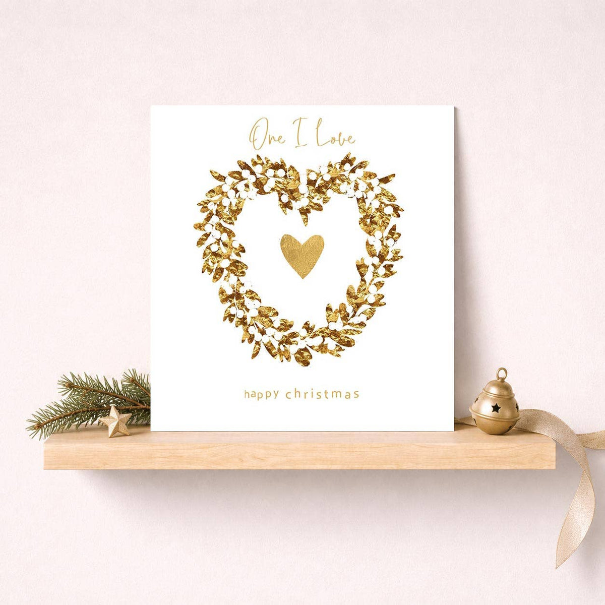 One I Love Christmas Card - Gold Heart Wreath With Mistletoe