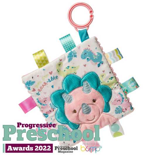 Taggies Crinkle Me Pink Dinosaur - Sensory Toy with Crinkle Paper and Squeaker. Available at Sweet P, Burnside, Glasgow