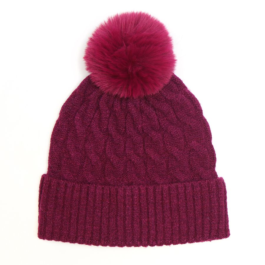 POM Magenta cable knit and faux fur bobble hat