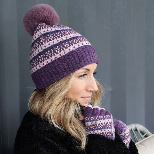 POM Purple mix Fair Isle bobble hat with recycled yarn